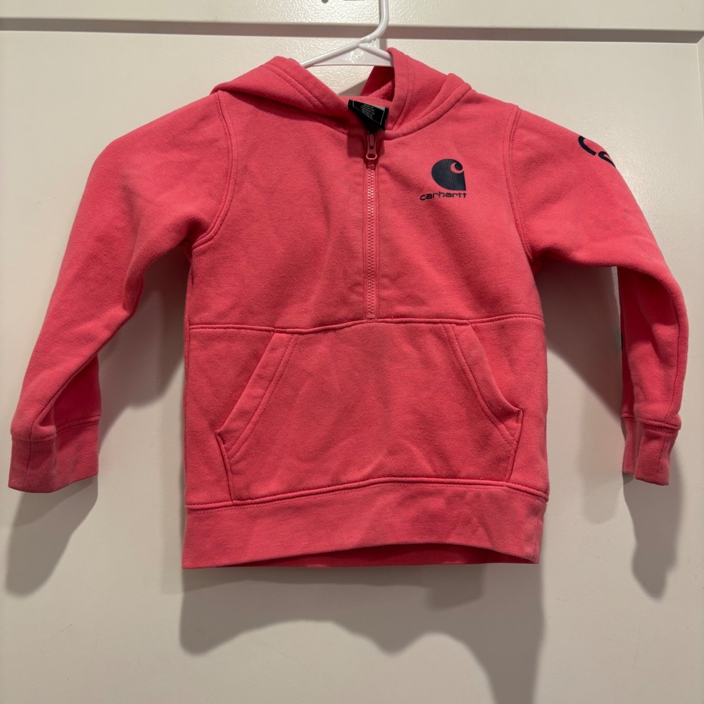 Carhartt Kids Pink Quarter Zip Hooded Sweatshirt Logo Sleeve Hoodie 2T
